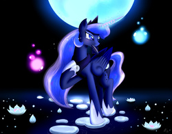 Size: 3500x2750 | Tagged: safe, artist:bludraconoid, princess luna, alicorn, pony, g4, card, crying, female, flower, magic, moon, solo