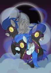 Size: 1024x1473 | Tagged: dead source, safe, artist:theshadowstone, descent, nightshade, g4, cloud, cloudy, moon, shadowbolts, shadowbolts (nightmare moon's minions)