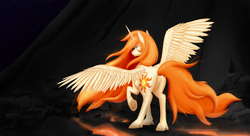 Size: 2552x1387 | Tagged: safe, artist:tsand106, nightmare star, princess celestia, g4, angry, butt, featureless crotch, female, lava, looking at you, looking back, night, plot, solo, three quarter view, underhoof