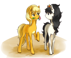 Size: 910x735 | Tagged: safe, artist:luciferamon, horse, colt, courtship, cute, eye contact, female, filly, foal, ico, ico el caballito valiente, ico the brave little horse, looking at each other, male, mouth hold, preciosa, princess preciosa, raised hoof, romantic