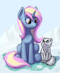 Size: 821x1000 | Tagged: safe, artist:hieronymuswhite, oc, oc only, oc:arctic sunbeam, arctic fox, fox, pony, unicorn, duo, female, looking at each other, mare, sitting, snow