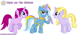 Size: 1333x600 | Tagged: safe, artist:osipush, fuchsia blush, lavender lace, trixie, pony, unicorn, equestria girls, g4, background human, bling, equestria girls ponified, female, mare, microphone, ponified, rainbow power, rainbow power-ified, simple background, transparent background, trio, trixie and the illusions, vector