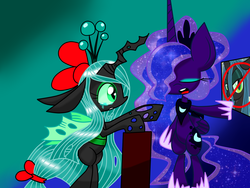 Size: 1600x1200 | Tagged: safe, artist:lovehtf421, princess luna, queen chrysalis, pony, g4, bipedal, crying, hair bow