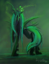 Size: 2487x3251 | Tagged: safe, artist:mad munchkin, queen chrysalis, changeling, changeling queen, g4, fangs, female, high res, looking at you, mare, raised hoof, smirk, solo