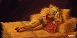 Size: 2500x1261 | Tagged: safe, artist:sa1ntmax, applejack, earth pony, anthro, unguligrade anthro, g4, armpits, breasts, busty applejack, female, fine art parody, francisco goya, hay bale, la maja desnuda, la maja vestida, solo