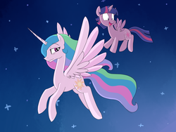 Size: 1024x768 | Tagged: safe, artist:pokekid963, princess celestia, twilight sparkle, alicorn, pony, g4, female, flying, mare, twilight sparkle (alicorn)