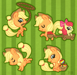 Size: 1000x981 | Tagged: safe, artist:kubo, apple bloom, applejack, g4, apple, chibi, lasso, rope, zap apple