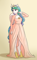 Size: 1300x2100 | Tagged: safe, artist:fairdahlia, princess celestia, anthro, unguligrade anthro, g4, bipedal, clothes, dress, female, smiling, solo