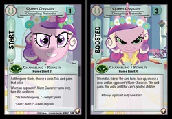 Size: 994x692 | Tagged: safe, enterplay, princess cadance, queen chrysalis, alicorn, pony, equestrian odysseys, g4, my little pony collectible card game, card, ccg, disguise, disguised changeling, evil smile, female, grin, horn, mare, smiling