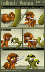 Size: 2000x3215 | Tagged: safe, artist:marsminer, oc, oc only, oc:lucky chimes, oc:venus spring, fallout equestria, attack, comic, fallout, fallout venus, high res, raider