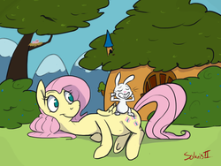 Size: 800x600 | Tagged: safe, artist:solarisii, angel bunny, fluttershy, pegasus, pony, g4, duo