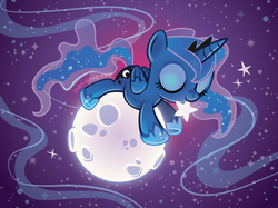 Size: 800x598 | Tagged: safe, artist:inki-drop, princess luna, g4, female, filly, moon, mouth hold, sleeping, solo, stars, tangible heavenly object, woona
