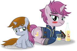 Size: 3388x2236 | Tagged: safe, artist:vector-brony, oc, oc only, oc:littlepip, oc:littlepip's mother, pony, unicorn, fallout equestria, blank flank, blushing, bottle, cider, clothes, cute, cutie mark, drunk, fanfic, fanfic art, female, filly, filly littlepip, foal, glass, high res, hooves, horn, jumpsuit, mare, mother and daughter, pipbuck, prone, simple background, sitting, transparent background, vault suit, vector, young, younger