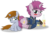 Size: 3388x2236 | Tagged: safe, artist:vector-brony, oc, oc only, oc:littlepip, oc:littlepip's mother, pony, unicorn, fallout equestria, blank flank, blushing, bottle, cider, clothes, cute, cutie mark, drunk, fanfic, fanfic art, female, filly, filly littlepip, foal, glass, high res, hooves, horn, jumpsuit, mare, mother and daughter, pipbuck, prone, simple background, sitting, transparent background, vault suit, vector, young, younger