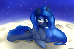 Size: 1600x1060 | Tagged: safe, artist:sourspot, princess luna, g4, constellation, female, looking at you, lying, moon, prone, sigh, solo, stars