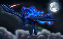 Size: 5760x3600 | Tagged: safe, artist:crazyaniknowit, princess luna, g4, absurd resolution, cloud, cloudy, detailed, ethereal mane, female, flying, looking back, moon, night, shooting star, solo, starry mane, starry night