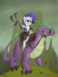 Size: 1900x2500 | Tagged: safe, artist:php49, derpibooru exclusive, rarity, spike, dragon, pony, unicorn, g4, axe, barbarian, barbarity, battle axe, female, hoof hold, male, mare, older, older spike, ponies riding dragons, rarity riding spike, riding, saddle, serious, serious face, tack, weapon