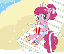 Size: 906x763 | Tagged: dead source, safe, artist:momo, pinkie pie, earth pony, pony, g4, alternate hairstyle, ambiguous facial structure, beach, beach chair, beach dress, bow, chair, clothes, cute, diapinkes, dress, drink, drinking, female, flower, hair bow, sitting, solo, summer, summer dress, sundress