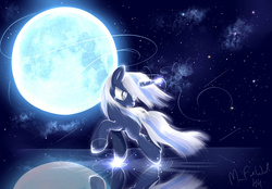 Size: 1024x711 | Tagged: safe, artist:wavecipher, oc, oc only, oc:silverlay, original species, umbra pony, moon, reflection, running, solo, stars