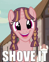 Size: 600x761 | Tagged: safe, edit, edited screencap, screencap, bacon braids, cloud brûlée, g4, the cutie map, background pony, creepy, faic, image macro, meme, smiling