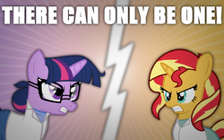 Size: 1024x640 | Tagged: safe, artist:christophr1, sci-twi, sunset shimmer, twilight sparkle, pony, unicorn, equestria girls, g4, my little pony equestria girls: friendship games, the science of magic, angry, clothes, equestria girls ponified, glasses, lab coat, ponified, rivalry, science, scientist, sunset the science gal, text, there can be only one, this will end in science, unicorn sci-twi, wallpaper