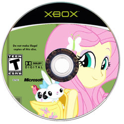 Size: 662x662 | Tagged: safe, artist:dannydsi3d, angel bunny, fluttershy, mitsy, bird, cat, equestria girls, g4, backpack, cd, cover, disc, game, microsoft, simple background, white background, xbox