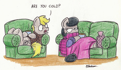 Size: 2181x1272 | Tagged: safe, artist:bobthedalek, oc, oc only, oc:mixed melody, oc:octavia's father, oc:octavia's mother, oc:ostinato melody, earth pony, pony, armchair, blanket, chair, clothes, couch, dialogue, duo, hot water bottle, lidded eyes, looking at each other, mug, on back, open mouth, rhetorical question, scarf, steam, sweater, traditional art, underhoof