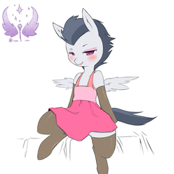 Size: 1280x1280 | Tagged: safe, artist:cold-blooded-twilight, rumble, g4, clothes, colt, crossdressing, dress, eyelashes, eyeliner, makeup, male, solo, spread legs, spread wings, stockings, trap