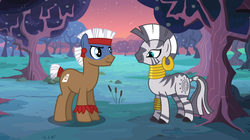 Size: 1024x575 | Tagged: safe, artist:3d4d, temple chant, zecora, earth pony, pony, zebra, g4, bodypaint, eye contact, female, get, index get, male, shipping, smiling, stallion, straight, tail wrap, tribal, tribal pony, zechant