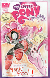 Size: 653x1007 | Tagged: safe, artist:sara richard, idw, pinkie pie, earth pony, pony, g4, clothes, comic, cosplay, costume, cover, crossover, deadpool, female, mare, marvel, mouth hold, pinkiepool, solo, speech bubble, sword, traditional art, watercolor painting