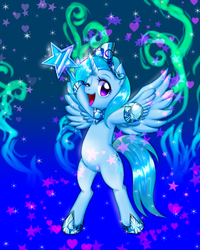 Size: 600x750 | Tagged: safe, artist:jurisalis, idw, trixie, alicorn, pony, g4, bipedal, cute, diatrixes, featured image, female, happy, heart, hoof hold, looking at you, mirror universe, open mouth, race swap, smiling, solo, sparkles, stars, trixiecorn, wand, wink