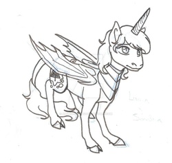 Size: 1276x1209 | Tagged: safe, artist:amaya-chans2, oc, oc only, oc:arcanum, alicorn, classical unicorn, pony, alicorn oc, horn, leonine tail, offspring, parent:king sombra, parent:princess luna, parents:lumbra, solo, traditional art