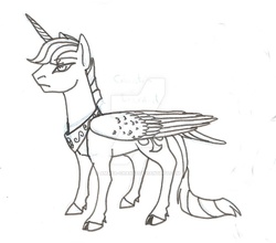 Size: 1504x1325 | Tagged: safe, artist:amaya-chans2, oc, oc only, oc:judgment, alicorn, classical unicorn, hybrid, pony, alicorn oc, horn, interspecies offspring, leonine tail, lineart, offspring, parent:discord, parent:princess celestia, parents:dislestia, simple background, solo, traditional art, white background