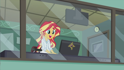 Size: 1920x1080 | Tagged: safe, screencap, sunset shimmer, equestria girls, g4, my little pony equestria girls: friendship games, the science of magic, clothes, female, lab coat, solo, sunset the science gal