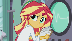 Size: 1920x1080 | Tagged: safe, screencap, sunset shimmer, equestria girls, g4, my little pony equestria girls: friendship games, the science of magic, clipboard, clothes, female, lab coat, pencil, solo, sunset the science gal