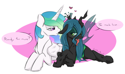 Size: 1280x763 | Tagged: safe, artist:ambris, artist:spiritcookie, color edit, princess celestia, queen chrysalis, alicorn, changeling, changeling queen, pony, g4, bedroom eyes, biting, blushing, cute, cutealis, cutelestia, dialogue, ear bite, female, heart, lesbian, looking at each other, love bite, mare, missing accessory, open mouth, prone, ship:chryslestia, shipping, smiling, tongue out