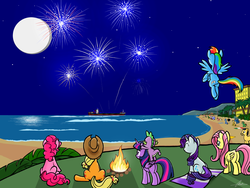 Size: 4632x3486 | Tagged: safe, artist:oinktweetstudios, applejack, fluttershy, pinkie pie, rainbow dash, rarity, spike, twilight sparkle, alicorn, pony, g4, 4th of july, beach, campfire, female, fireworks, mane seven, mane six, mare, twilight sparkle (alicorn)