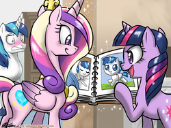 Size: 1000x750 | Tagged: safe, artist:johnjoseco, princess cadance, shining armor, twilight sparkle, alicorn, pony, unicorn, g4, baby, baby picture, baby pony, babying armor, blushing, book, butt, colored wings, colt, concave belly, cute, embarrassed, female, foal, folded wings, gradient wings, height difference, lovebutt, male, mare, photo album, physique difference, plot, shining adorable, ship:shiningcadance, shipping, slender, stallion, straight, thin, unicorn twilight, wings, yearbook