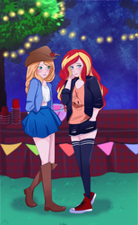 Size: 1024x1664 | Tagged: safe, artist:dianavazk3z, applejack, sunset shimmer, equestria girls, g4, blushing, clothes, converse, denim skirt, female, humanized, lesbian, night, party, ship:appleshimmer, shipping, skirt, socks, stockings, thigh highs, zettai ryouiki