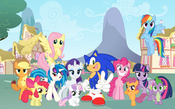 Size: 900x563 | Tagged: safe, artist:snicket324, apple bloom, applejack, dj pon-3, fluttershy, pinkie pie, rainbow dash, rarity, scootaloo, spike, sweetie belle, twilight sparkle, vinyl scratch, earth pony, pegasus, pony, unicorn, g4, crossover, cutie mark crusaders, exploitable meme, male, mane seven, mane six, meme, sonic the hedgehog (series)