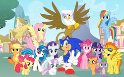 Size: 900x563 | Tagged: safe, artist:snicket324, apple bloom, applejack, dj pon-3, fluttershy, gilda, ginger owlseye, pinkie pie, rainbow dash, rarity, scootaloo, spike, spitfire, sweetie belle, twilight sparkle, vinyl scratch, earth pony, griffon, pegasus, pony, unicorn, g4, crossover, cutie mark crusaders, exploitable meme, female, looking at you, male, mane seven, mane six, meme, not this shit again, one of these things is not like the others, peace sign, sonic the hedgehog, sonic the hedgehog (series)