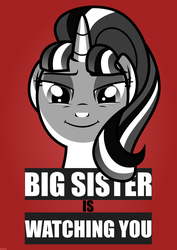 Size: 3508x4961 | Tagged: dead source, safe, artist:xebck, starlight glimmer, g4, the cutie map, 1984, big brother, big brother is watching, communism, dystopia, female, looking at you, parody, poster, red background, s5 starlight, simple background, solo, stalin glimmer, vector
