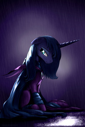 Size: 2100x3150 | Tagged: safe, artist:zoarvek, mare do well, princess luna, alicorn, pony, g4, clothes, costume, female, frown, high res, rain, s1 luna, sad, sitting, solo