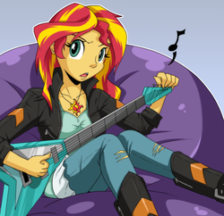 Size: 1280x1238 | Tagged: safe, artist:trakker, sunset shimmer, equestria girls, g4, electric guitar, female, frown, guitar, musical instrument, solo