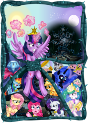 Size: 3283x4550 | Tagged: safe, artist:lucy-tan, applejack, discord, fluttershy, nightmare moon, pinkie pie, princess celestia, princess luna, rainbow dash, rarity, tree of harmony, twilight sparkle, zecora, alicorn, pony, zebra, g4, princess twilight sparkle (episode), black vine, bondage, female, mare, seeds, tentacle bondage, tentacles, twilight sparkle (alicorn)