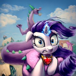 Size: 3000x3000 | Tagged: safe, artist:hunternif, rarity, spike, pony, unicorn, g4, secret of my excess, coils, depth of field, featured image, female, fire ruby, floppy ears, glowing horn, greed spike, gritted teeth, high res, horn, magic, necklace, ponyville, prehensile tail, scared, scene interpretation, selfie, spikezilla, tail hold, terrified, wide eyes, windswept mane