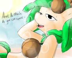 Size: 1000x800 | Tagged: safe, artist:littlebrownzebraicarus, oc, oc only, plant pony, bedroom eyes, coconut, coconut bikini, dialogue, looking at you, solo, sun, talking to viewer, tanning