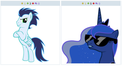 Size: 463x250 | Tagged: safe, princess luna, soarin', pony, derpibooru, g4, exploitable meme, juxtaposition, juxtaposition win, lip bite, meme, meta