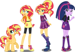 Size: 3500x2426 | Tagged: dead source, safe, artist:xebck, sunset shimmer, twilight sparkle, alicorn, pony, equestria girls, g4, my little pony equestria girls: friendship games, alicornified, alternate hairstyle, alternate universe, clothes, clothes swap, crystal prep academy, crystal prep academy uniform, crystal prep shadowbolts, cute, frilly socks, frown, high res, looking at you, open mouth, pleated skirt, ponytail, race swap, raised hoof, role reversal, school uniform, shimmerbetes, shimmercorn, simple background, skirt, smiling, socks, transparent background, vector, waving