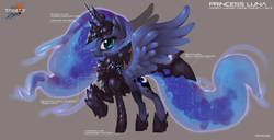 Size: 1946x1000 | Tagged: safe, artist:xennos, princess luna, trinity: rebirth, g4, armor, female, frown, looking at you, raised hoof, solo, spread wings